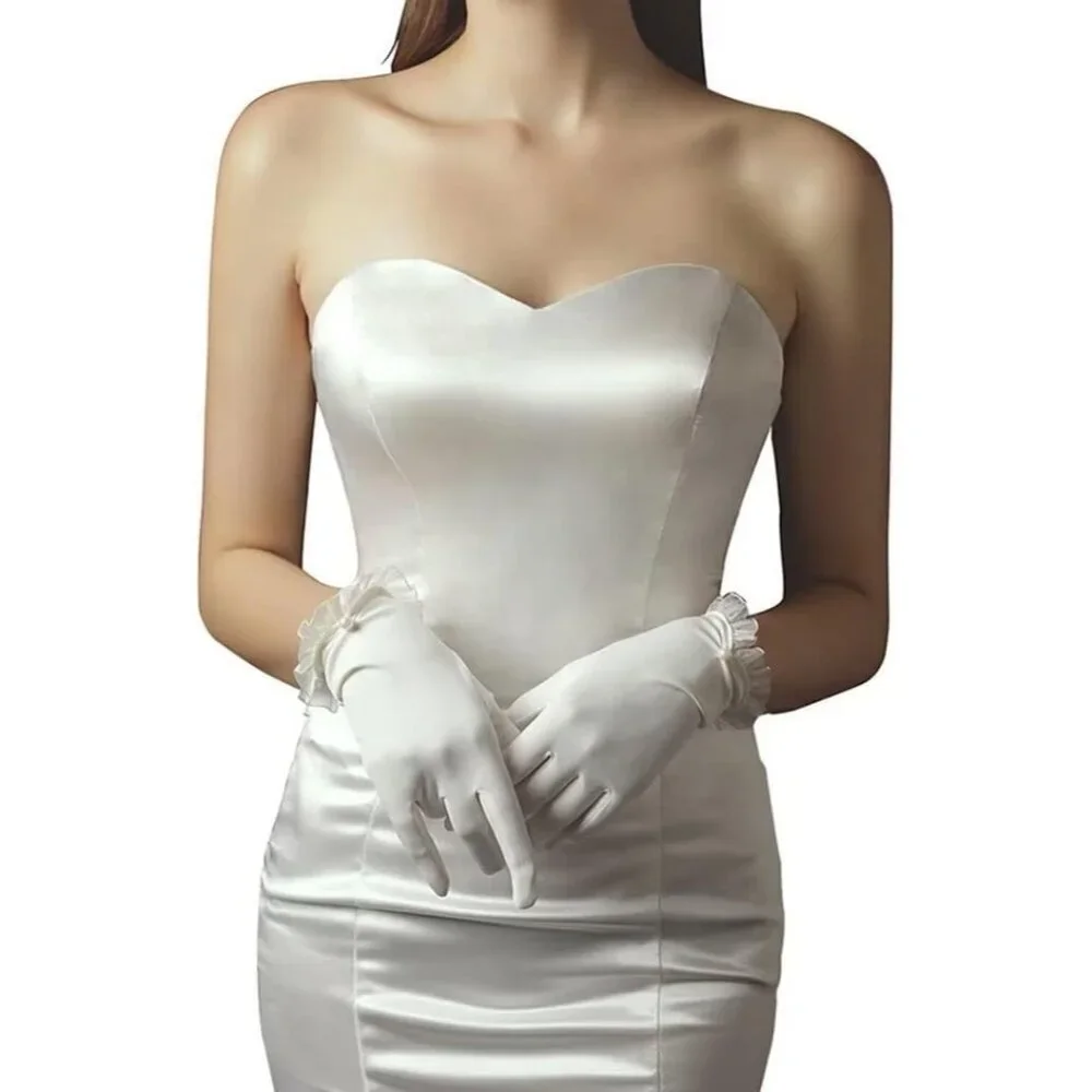 Women's Lvory Floral Lace Short Satin Ruffle Pearls Evening Gloves Party Prom